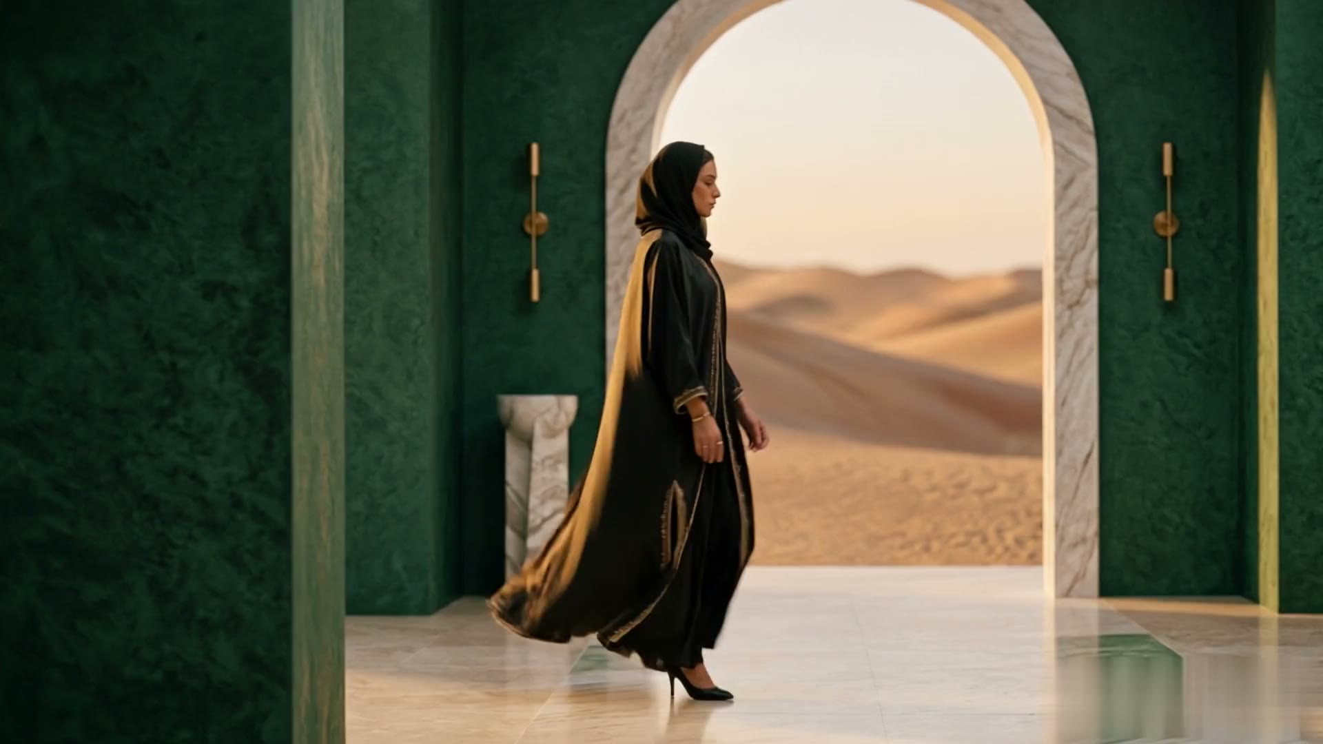A woman in a black and gold Veloura abaya walking through a marble archway overlooking the desert at dusk